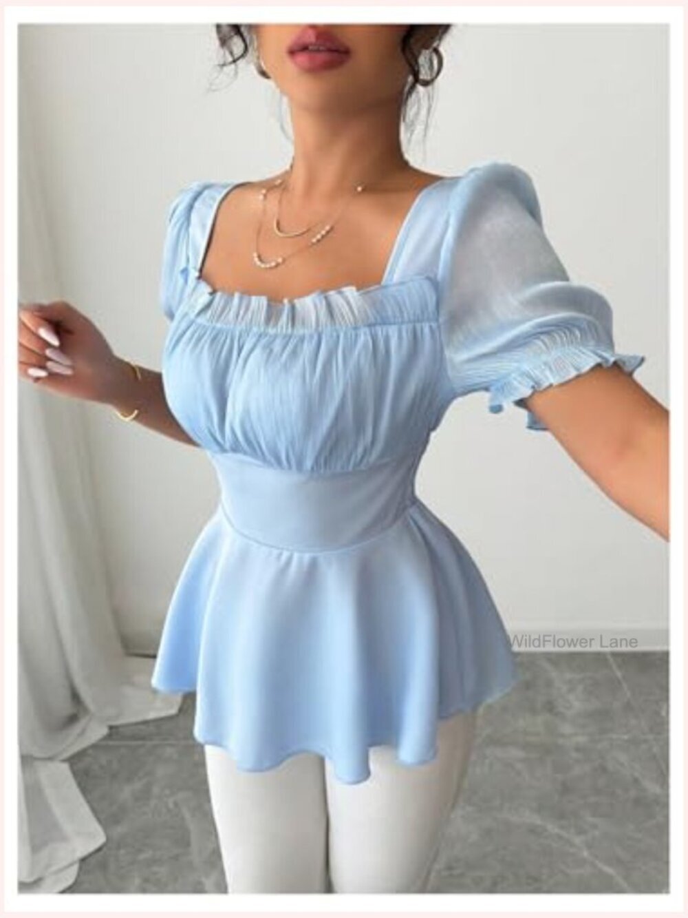 Women's Elegant Peplum Top with Puff Sleeve and Ruched Bust - Picture 4 of 5